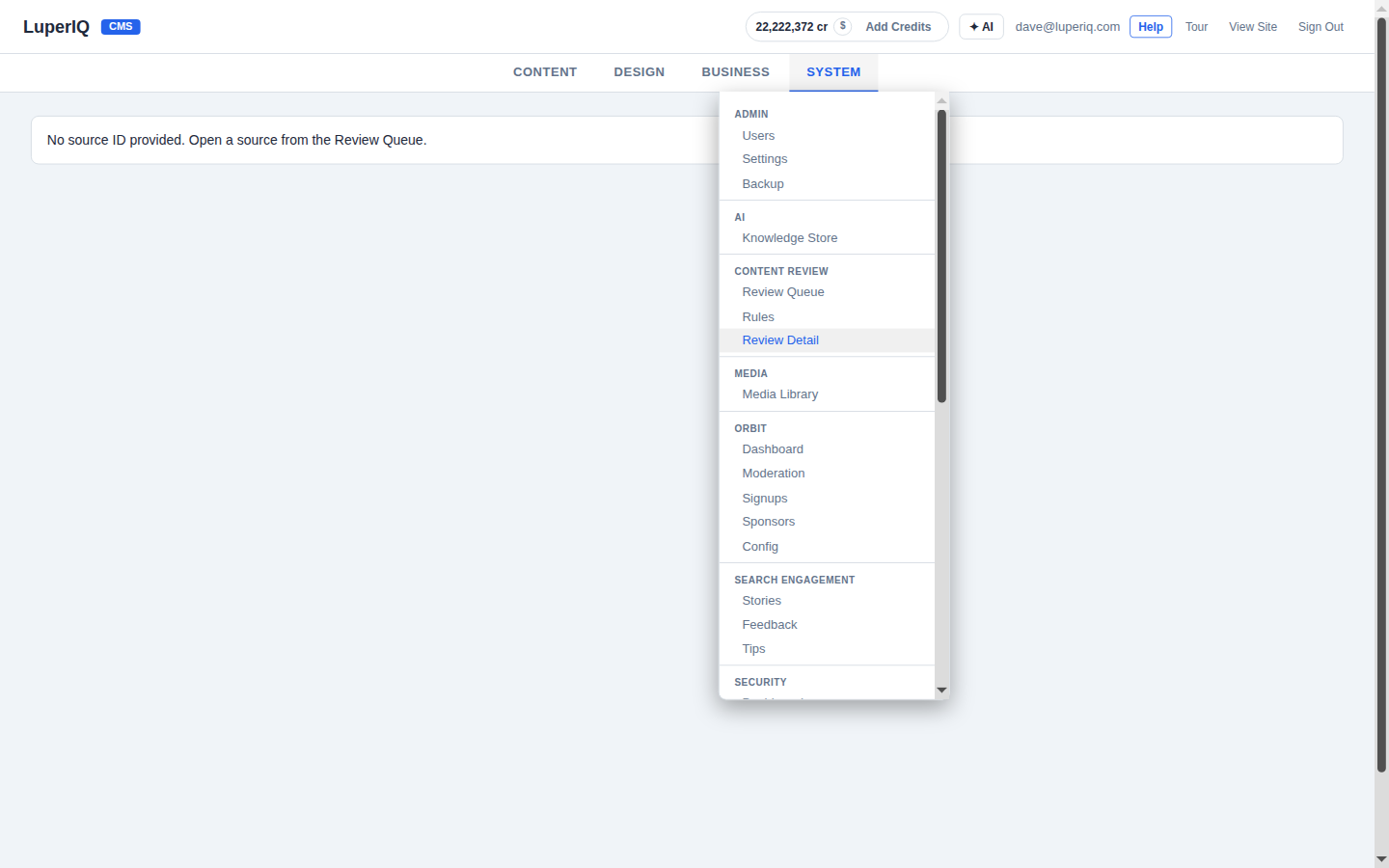 System navigation showing Content Review, Orbit, and Search Engagement sections
