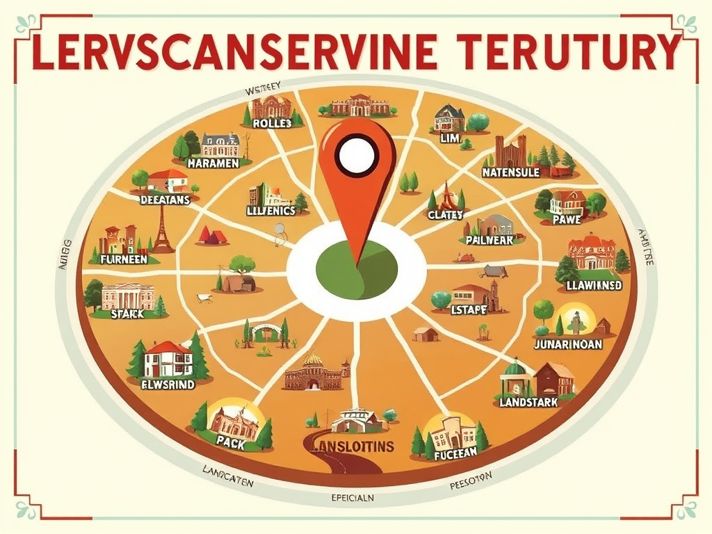 Vintage poster showing landscaping service area pages with city territory coverage zones