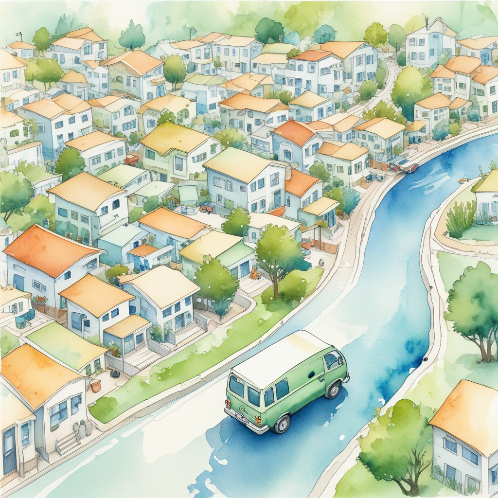 Watercolor map illustration showing plumbing service areas and routes