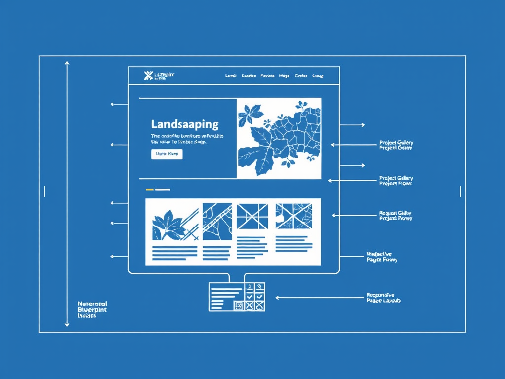 WordPress landscaping theme setup blueprint showing a homepage wireframe with request flow and review sections